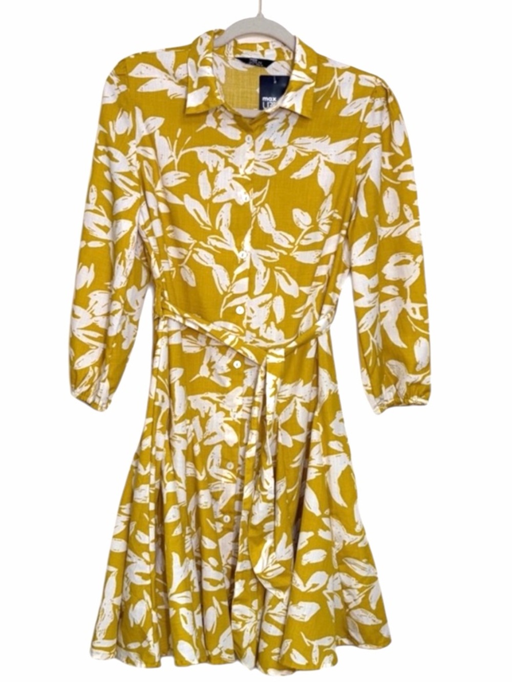 NWT Max Urban Floral Button-Front Shirt Dress in Mustard and White -Size 8